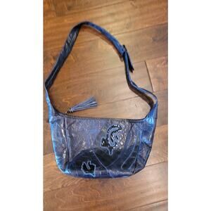 Sharif Navy Embossed Leather Hobo Bag